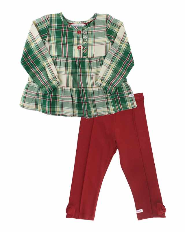Girl's Plaid Tiered Peplum Top w/ Solid Ponte Pants, Size 0-4